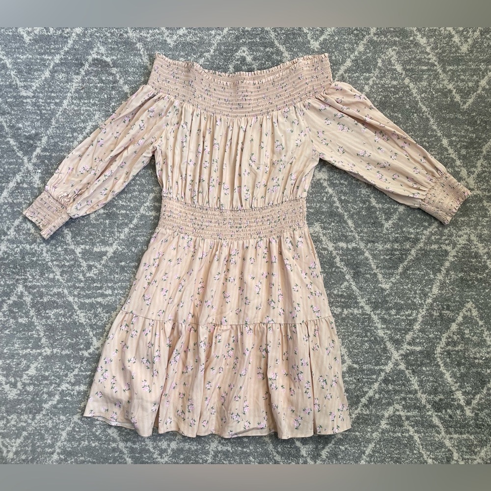 Gianni Bini Off-the-shoulder Floral Print Long Sleeve Smocked A-Line Dress